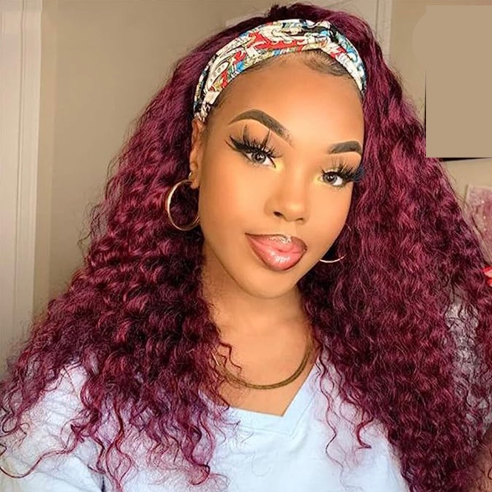 20” Burgundy 99J Deep Wave Headband wig 100% Human Hair 150% Density It#SD